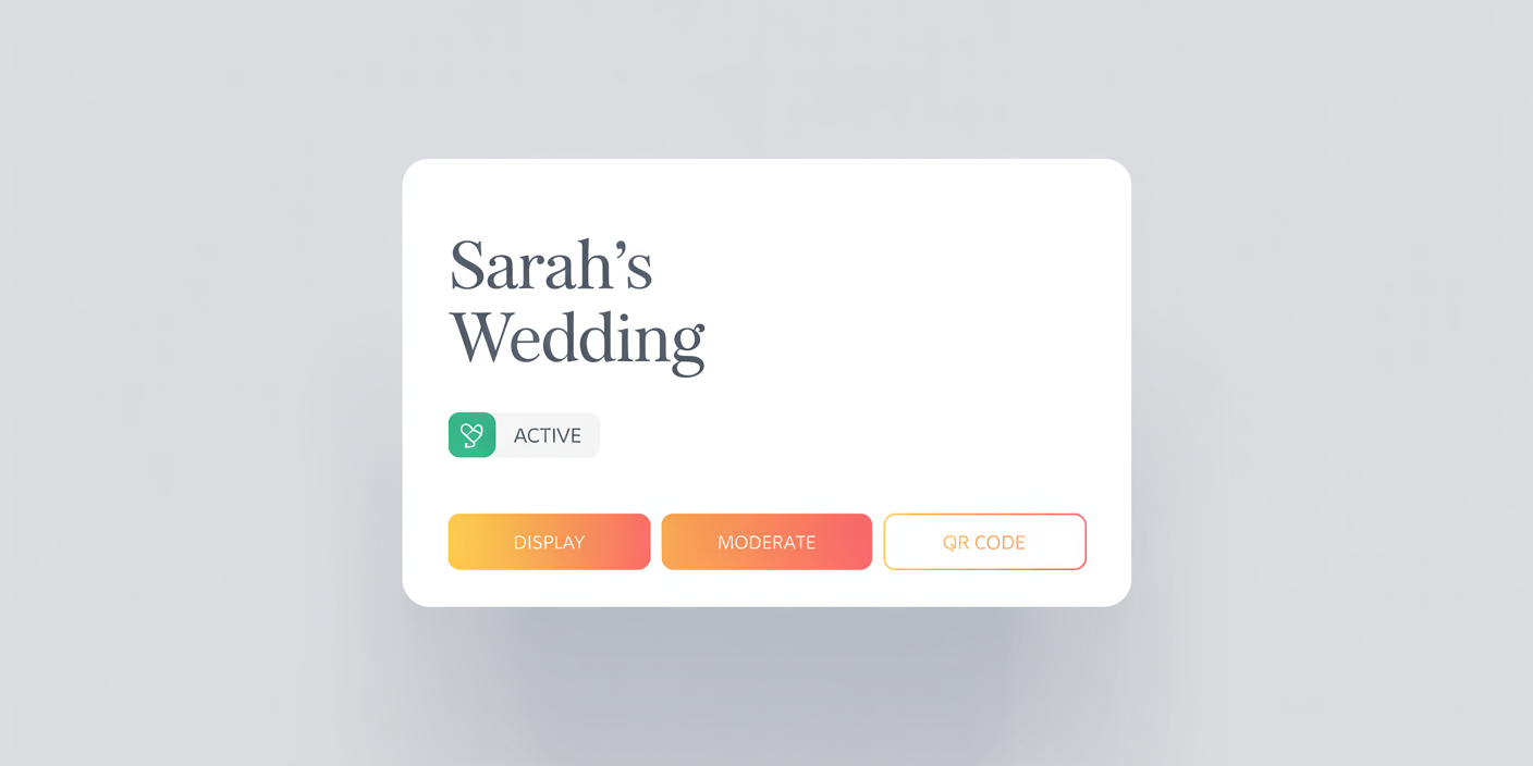Example of the event dashboard showing your event card with Display, Moderate, and QR Code buttons